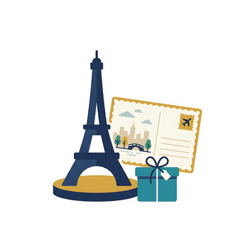 Eiffel Tower Souvenir Model with Postcard and Gift Box Vector Illustration