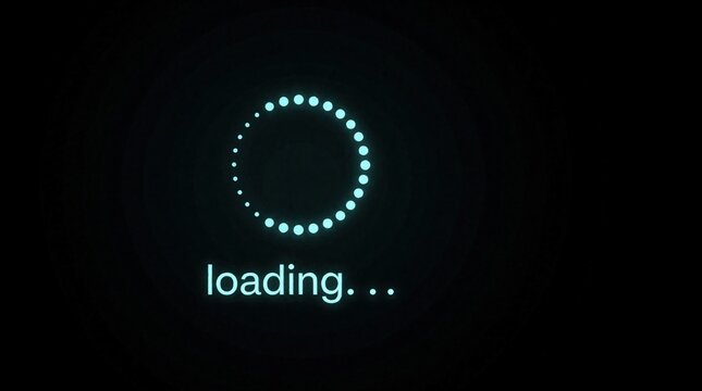 Minimal circular loading icon rotates on dark background. Cyan glowing dots form ring animation for digital progress bar. Interface element shows wait time for web app software process. Simple tech