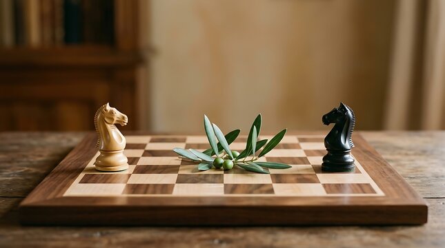 De-escalate tension with an olive branch between chess knights on a wooden board symbolizing peace