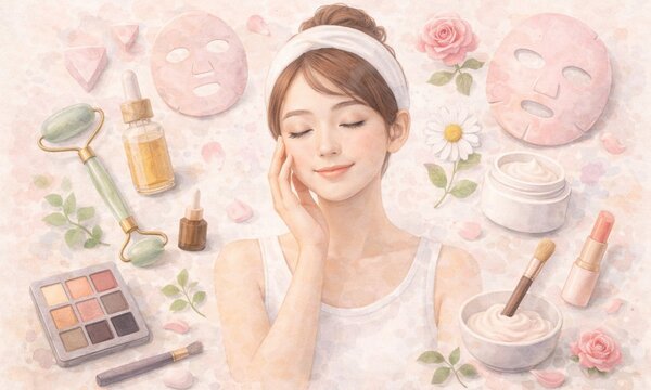 フェイスマスクや美容液などのスキンケア用品に囲まれて肌のお手入れを楽しむ若い女性の美容イラスト