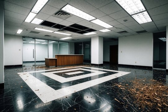 Empty abandoned office room with damaged ceiling, debris on floor. Dirty dark marble tiles show mess after water leak. Disused commercial workspace needs renovation, cleaning. Modern business