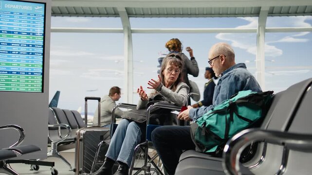 Older woman in a wheelchair checks boarding pass information with her husband at an airport gate ready for boarding while the couple embraces mobility aid and accessibility and defies limitations.