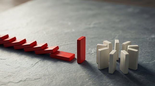 A single standing red domino block stopping a chain reaction to de-escalate crisis and prevent risk propagation