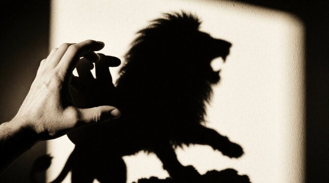 Human hand makes shadow puppet on wall. Man creates silhouette of fierce lion with light. Creative concept of wild animal power, inner strength through hand gesture. Dark monochrome art shows