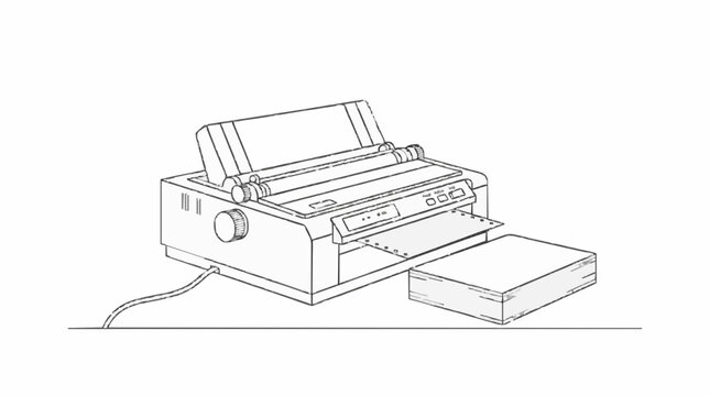 Illustration of a vintage dot matrix printer with paper feed and output tray, suitable for retro technology themes