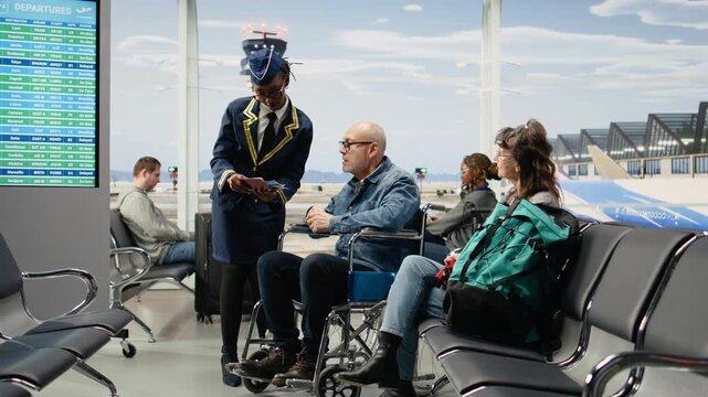 Flight attendant helps an elderly man in a wheelchair and his wife with ticket control at the airport while providing guidance for accessible retirement travel.