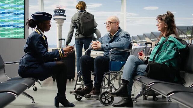 Airport staff gives directions to a senior man in a wheelchair and his wife in the lounge while providing accessibility support and inclusive travel assistance.