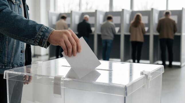 Person casts vote into transparent ballot box in polling station. Voters use booths for secret ballot. Citizen participates in election process, making civic choice for government.