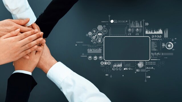 Close-up of hands from diverse professionals coming together in a show of teamwork and collaboration, with engaging graphics depicting data and technology on a dark background. Raster