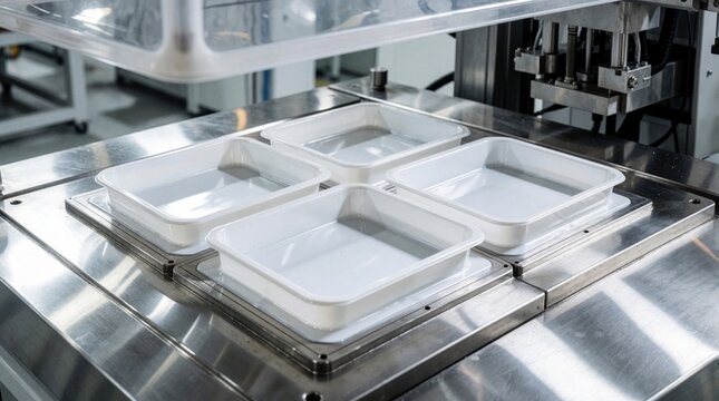 Vacuum forming machine creates plastic containers. Industrial equipment shapes sheets into trays for mass production. Manufacturing process uses heat and molds for packaging goods.