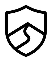 Obraz premium Heraldic protective shield enclosing rolling desert sand dunes with a winding central path on a plain white background, contour illustration symbolizing wilderness park conservation