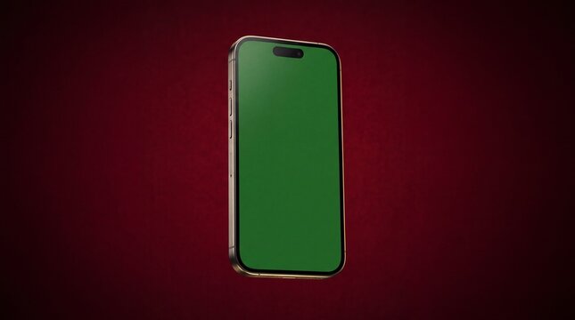 A modern smartphone with a blank green screen, displayed on a deep red background. The phone's sleek design is highlighted against the rich, textured backdrop, making it stand out.