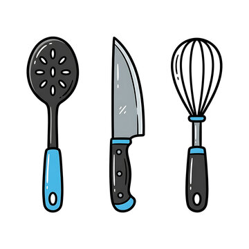 Kitchen Utensils Set Skimmer Chef Knife and Whisk Vector Illustration