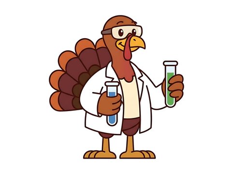 Cartoon turkey scientist holding test tubes in lab coat