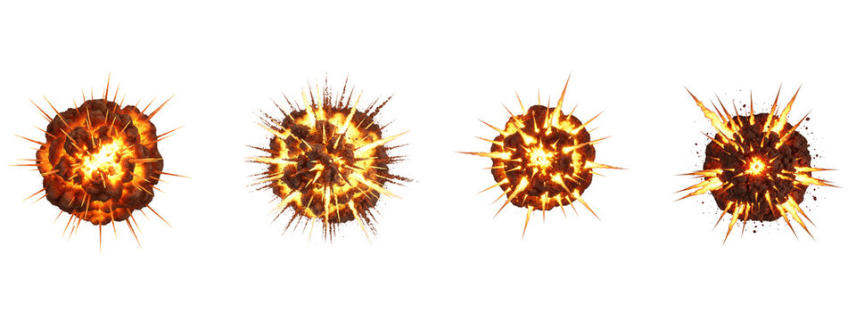 Set of four cinematic fireball explosions isolated on black background