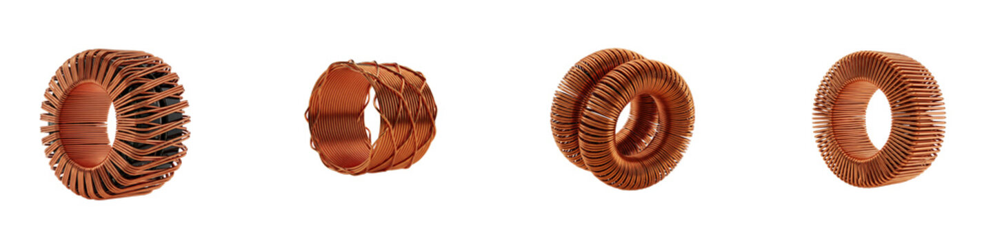Set of four copper wire electrical inductors on a black background