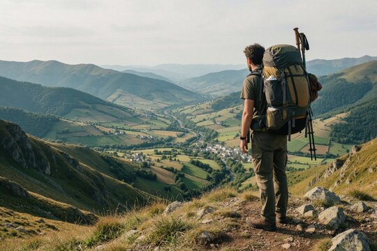 Man hiker with large backpack stands on mountain peak enjoying scenic valley view. Trekker with poles gazes at distant village and rolling green hills.