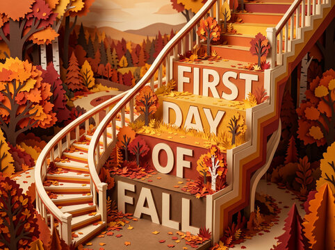 Staircase steps leading through autumn forest with first day of fall bold paper text on the risers.