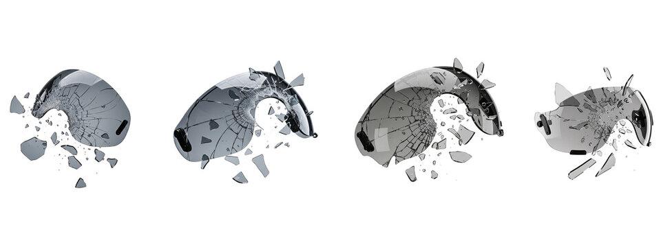 Set of four motorcycle helmet visors shattering isolated on black background