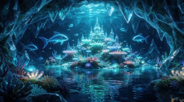 Fantasy underwater world with glowing coral reef, crystal castle in deep blue ocean cave. Magical sea kingdom features bioluminescent plants, colorful fish swimming, sunbeams shining through water.