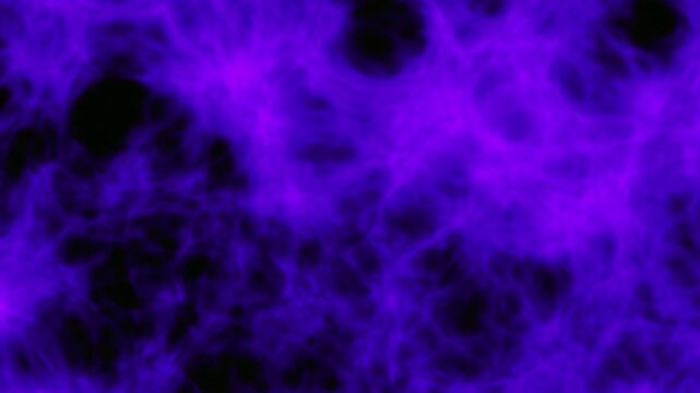 Seamless looping abstract purple energy texture with glowing violet and magenta cloud-like formations, dark black voids, soft wispy fibers, and continuously flowing organic motion