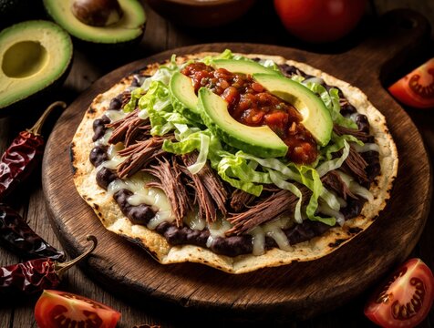 Oaxacan tlayuda with beef, avocado, cheese, and salsa served on a rustic wooden board. A delicious Mexican dish with shredded meat, beans, and fresh toppings.