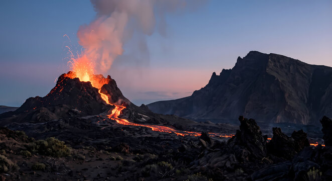 A massive volcanic eruption sends molten lava flowing down the rocky slopes of a burning mountain during the twilight hours while thick smoke plumes rise into the darkening sky above