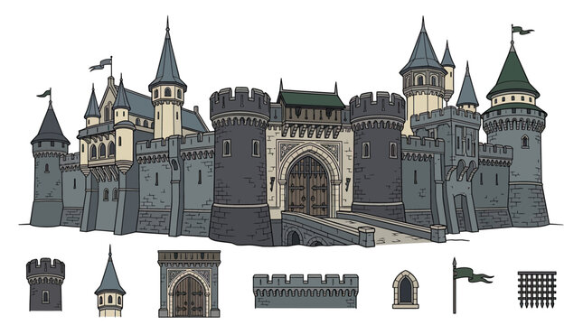 Medieval Castle Illustration with Decorative Elements
