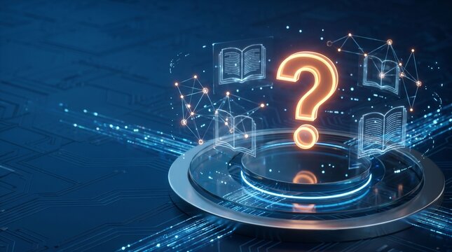 Glowing Orange Question Mark with Digital Book Icons on a Futuristic Blue Circuit Board Background, Representing Software Development Help, Online Education, AI Learning, and Technical Support