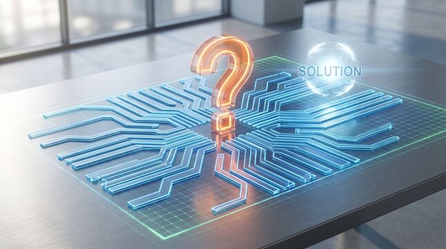 3D render of a glowing orange question mark standing on a blue digital circuit board pattern with a solution orb, symbolizing swift artificial intelligence problem solving and tech innovation.