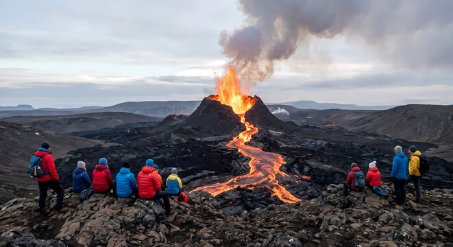 A group of adventurous tourists sits on the rocky edge observing the powerful erupting volcano in Iceland as glowing lava flows down the mountain slopes during a dramatic evening excursion