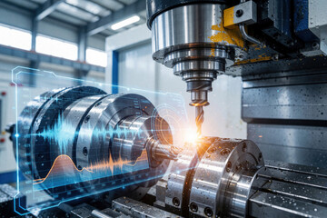 Obraz na płótnie Canvas CNC machine works with digital analytics overlay showing vibration data. Precision engineering and smart factory concept for automated production and equipment monitoring.