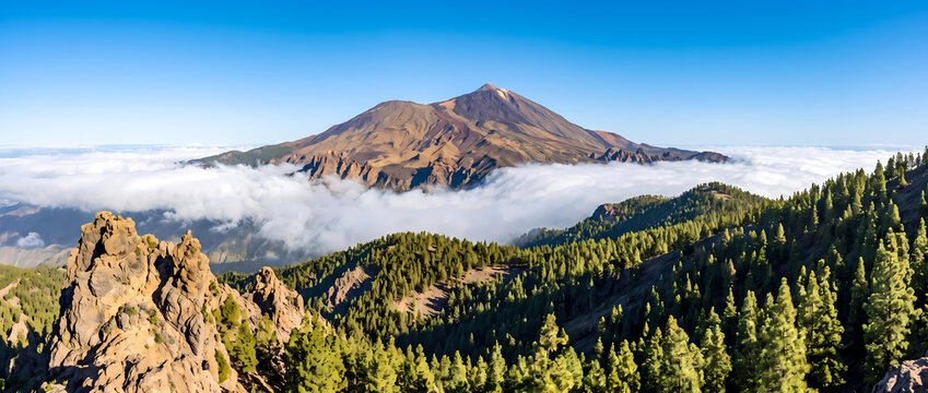 A panoramic view captures the majestic Teide volcano rising above a vast blanket of clouds during a sunny morning in Tenerife while lush green pine forests cover the rugged slopes