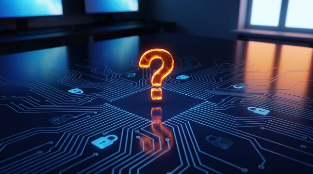 Glowing Orange Question Mark on Digital Circuit Board with Padlock Icons Representing Cyber Security Threats, Data Privacy Challenges, and Advanced Swift Programming Language Software Debugging