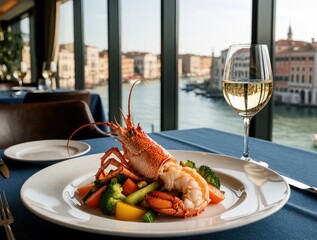 Obraz premium Fresh lobster dish with colorful vegetables served on white plate at luxury restaurant. Glass of chilled white wine sits on table near large window. Scenic canal view with old city buildings