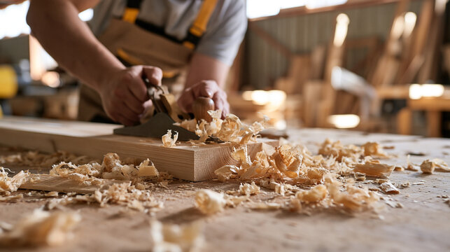 Hands Guiding a Traditional Plane Across a Piece of Wood