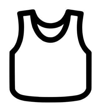Sleeveless sports training bib pinnie vest with wide armholes and deep rounded collar neckline, athletic scrimmage team jersey graphic vector icon isolated on a plain white background