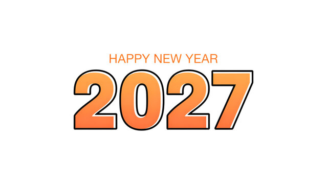 The year two thousand twenty seven in orange lettering with happy new year text on transparent background numbers
