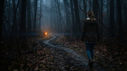 Fototapeta premium Person walking on foggy forest path at night.