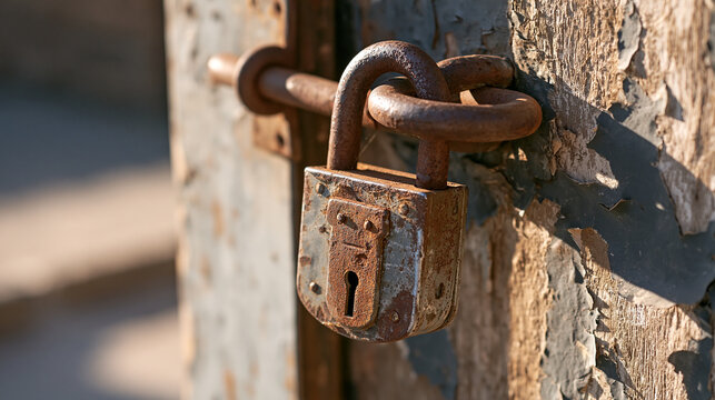 Rusty Padlock Securing a Weathered Door with Heavy Metal Hardware