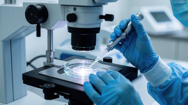 Scientist with pipette works under microscope at petri dish. Lab worker in blue gloves, sterile gown performs ivf research. Closeup of embryologist using medical equipment for fertilization procedure.
