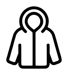 Winter hooded jacket with an attached curved hood, front central zipper closure, and long protective sleeves, cozy outerwear apparel, bold contour illustration on a plain white background © Coni