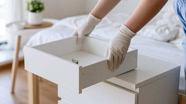 Furniture Assembly in Progress with a White Drawer Box and Hand Tools