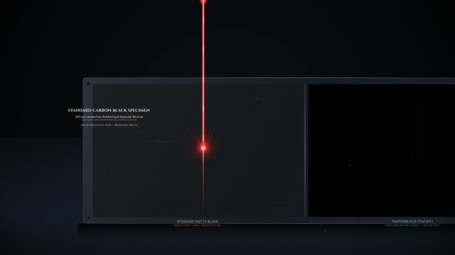 Scientific 3D animation demonstrating the extreme light absorption properties of a super black material compared to standard matte black, showing a red laser trapped by carbon nanotubes