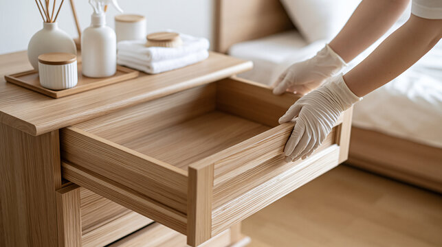 Gloved Worker Installing a Wooden Drawer Beside a Bedroom Cabinet
