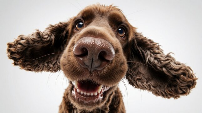 Funny cocker spaniel puppy with big nose looks into fish eye lens. Happy brown dog smiles wide with open mouth in studio. Cute pet head shot on white background with lots of copy space for text.