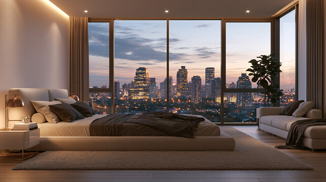 Luxury Bedroom Overlooking a City Skyline Through Floor to Ceiling Windows