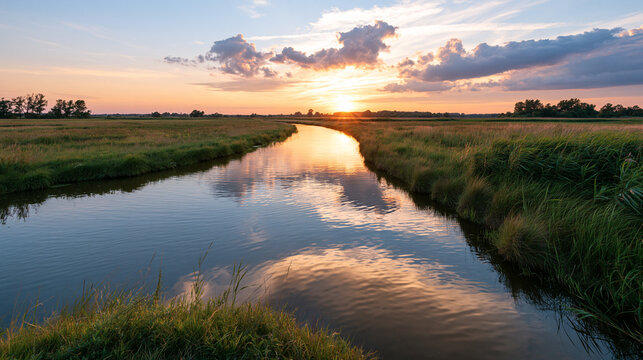 Evening Sky Mirrored in a Narrow River Through Green Fields