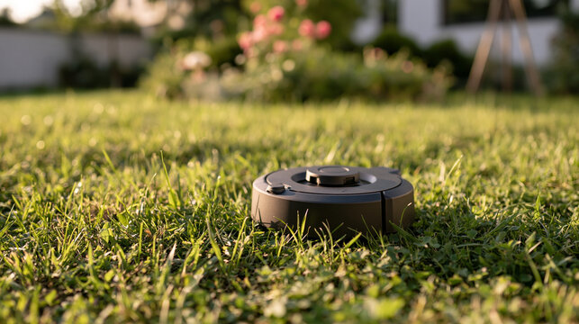 Robotic Lawn Mower Working Across a Sunlit Garden Lawn
