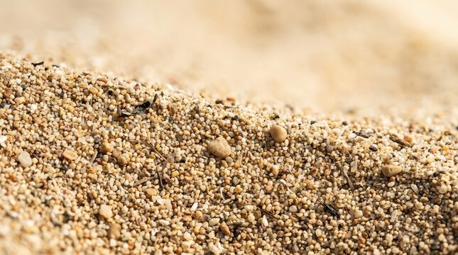 Macro close up of coarse beach sand texture showing natural granular details and organic patterns under bright sunlight for background